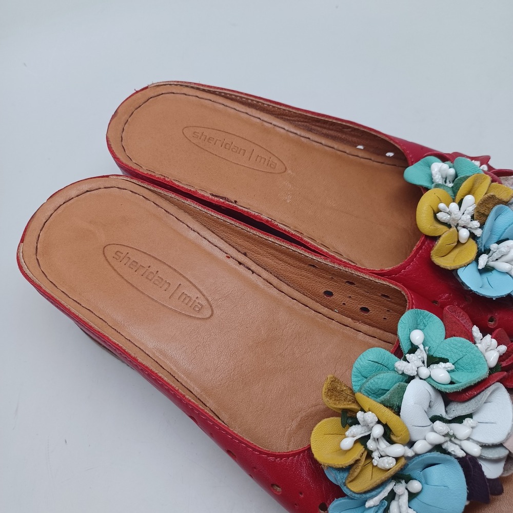 Sheridan Mia Red Leather Floral Wedge Sandals Womens Slides Multi Color Flowers - Picture 7 of 13